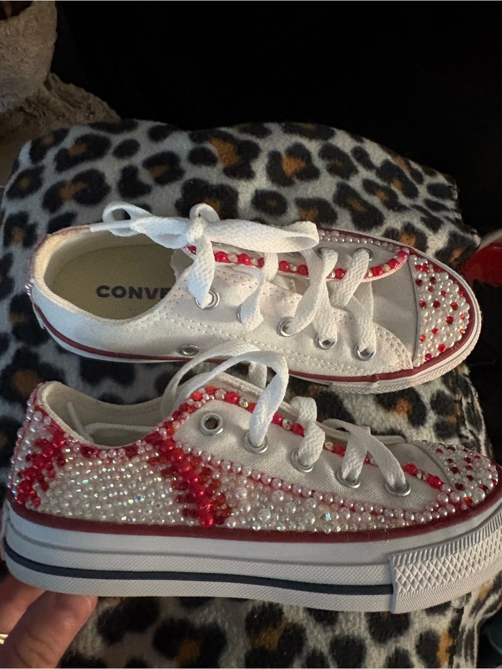 Converse White with Custom Red and Clear Crystal Accents Baseball Theme